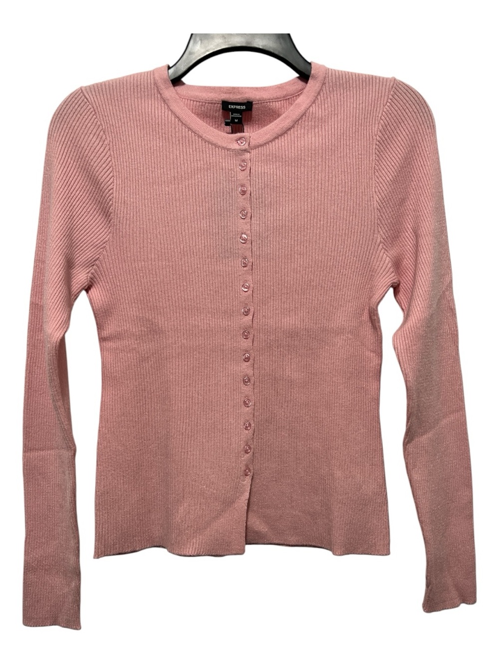 Express Pretty Pink Ribbed Button-Front Crewneck Sweater